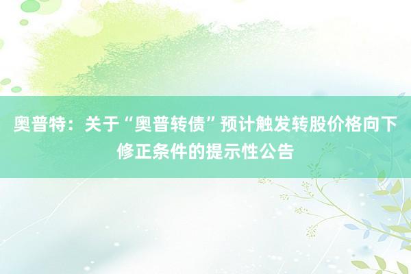 奥普特：关于“奥普转债”预计触发转股价格向下修正条件的提示性公告